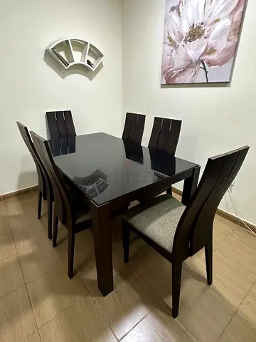 Solid Wood 6-Seater Dining Table with Glass Top