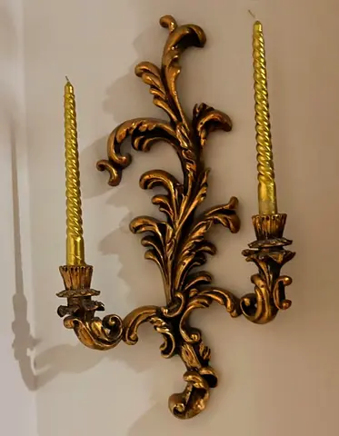 2 Vintage Gold Wall Sconce Pair (Ornate 2-Arm Candle Holder)