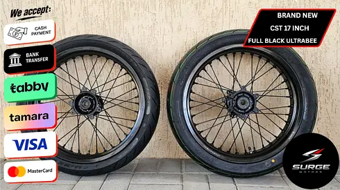 SURRON BRAND NEW 17 INCH CST SURRON ULTRABEE HP FULL BLACK SUPERMOTOS SET (SUPERWIDE REAR)