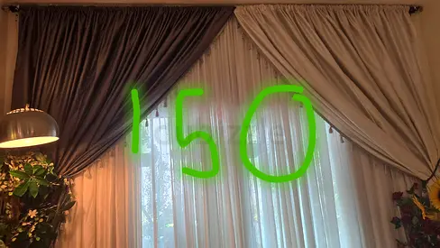 Pair of Heavy Drapes with Sheer Curtain - Beige and Grey, Used
