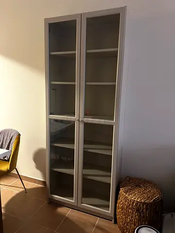 White Tall Glass Display Cabinet / Bookcase - Good Condition