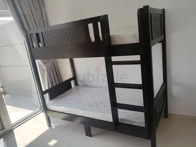 Solid Wood Black Bunk Bed with Two Mattresses