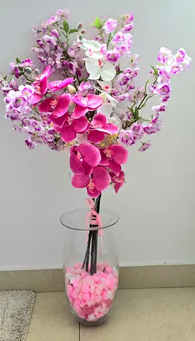 Tall Pink White Artificial Orchid Bouquet in Glass Vase