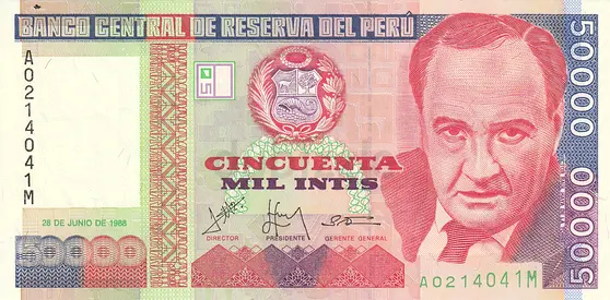 PERU 50000 INTIS BANKNOTE 1988