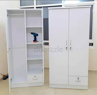 White 2-Door Wardrobe with Shelves and Drawer - Good Condition