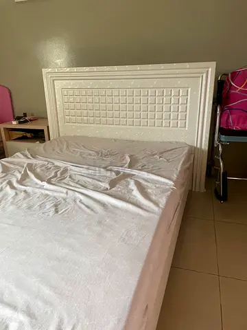 White Wooden Double Bed Frame with Headboard and mattress - Good Condition
