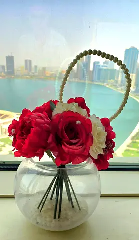 Artificial Red Rose Bouquet in Glass Vase with Beaded Handle