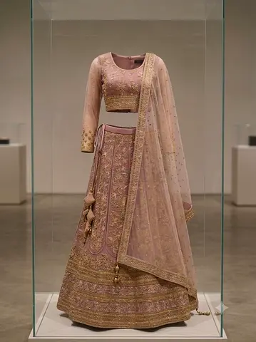 Blush Pink Embroidered Bridal Lehenga - Light Gold Detailing