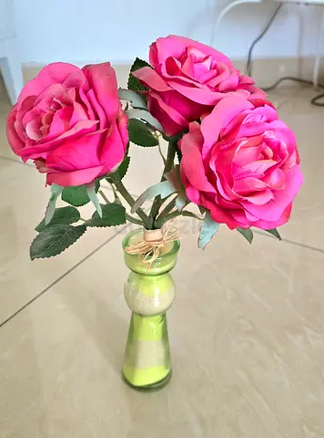Pink Artificial Rose Bouquet in Small Decorative glass Vase