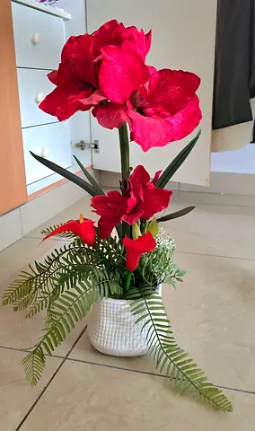 Tall Red Artificial Flower Arrangement in White Ceramic Pot