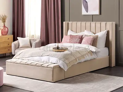Beige Upholstered Double Bed with Padded Headboard