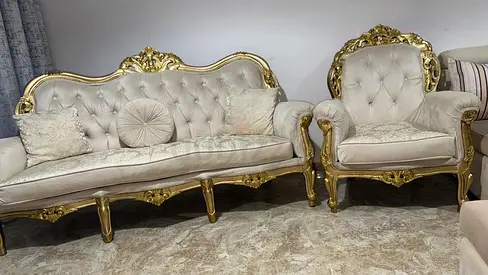 Classic gold-trimmed 3-seater sofa with matching armchair - cream upholstery