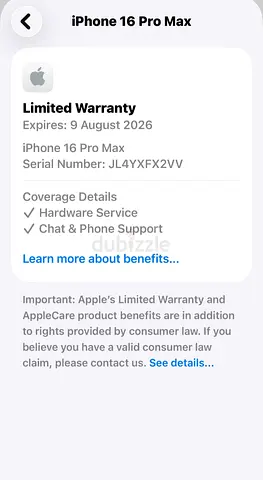 Apple iPhone 16 Pro Max - Limited Warranty until Aug 9, 2026