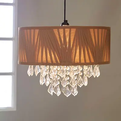 Elegant crystal chandelier with fabric shade (Home centre)