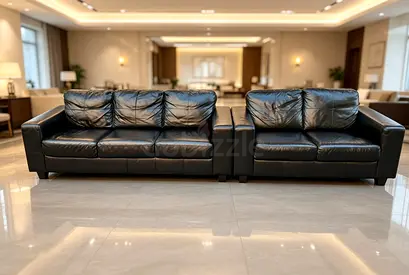 Set of Two Black Leather Sofas - 3-Seater and 2-Seater, Good Condition