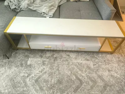 Low White and Gold TV Console with Drawers - Good Condition