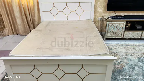 White wooden queen bed with mattress included Anybody interested please dm me