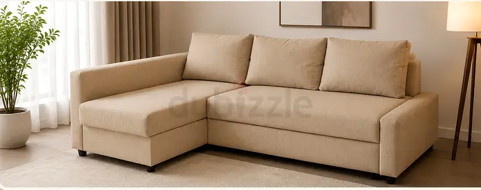Beige L-shaped Corner Sofa bed with Chaise — Good Condition