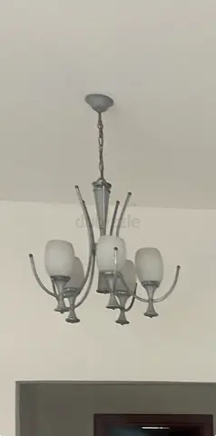 5-arm modern hanging chandelier light fitting (silver, frosted glass shades) 2pcs
