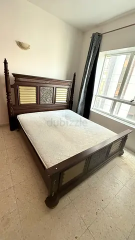 Classic Dark Wood Bed with Mattress and side table and dressing table