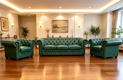 Green Chesterfield Leather 3-Seater Sofa with 2 Armchairs - Classic Set