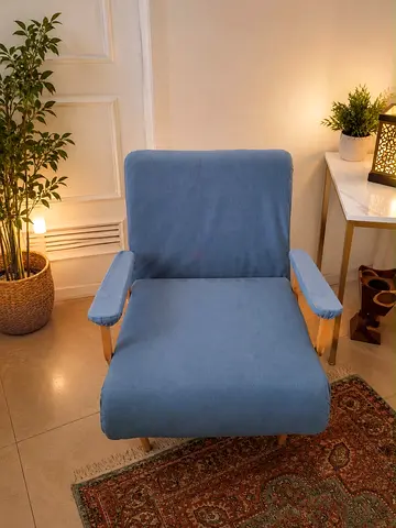 Blue Upholstered Lounge Chair with Wooden Frame