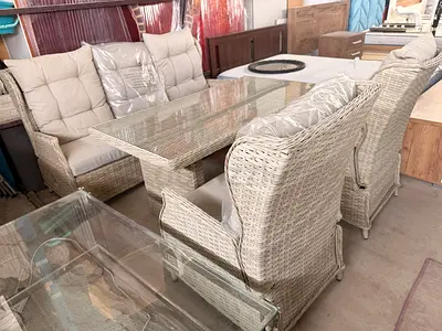Beige Wicker Outdoor Dining Set with Glass Top (Used) WITH DELIVERY