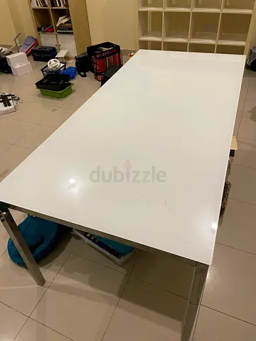 Large white dining/office table with stainless steel legs - good condition