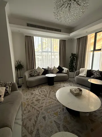 Large neutral geometric living room set (couches and tables) - good condition