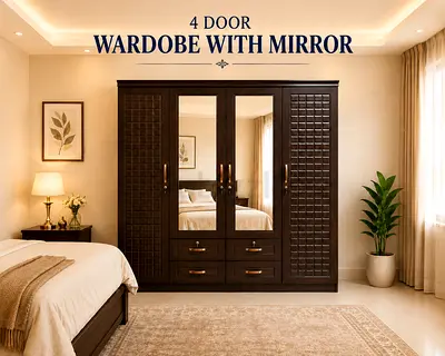 4 Door Wooden Wardrobe with Mirror – Modern Bedroom Storage Cabinet