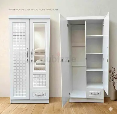 Whitewood dual-mode 2-door wardrobe with mirror and shelves