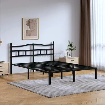 Metal Double Bed Frame with Headboard - Black