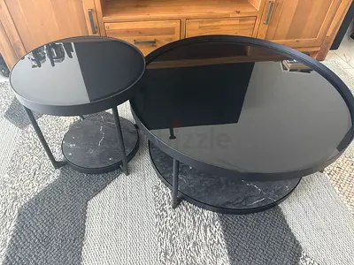 Set of 2 Black Glass  Marble Effect Coffee Tables