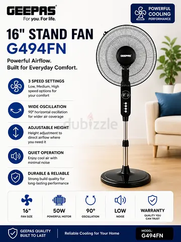 Geepas 16 Stand Fan G494FN — Adjustable Height, 3 Speeds, Quiet
