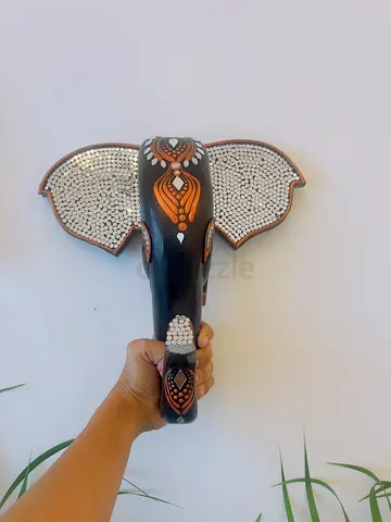 Handheld Decorative Elephant Wall Mask - Wooden with Bead Inlay