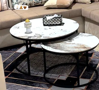 Set of 2 Round Nesting Marble-Top Coffee Tables with Black Metal Base
