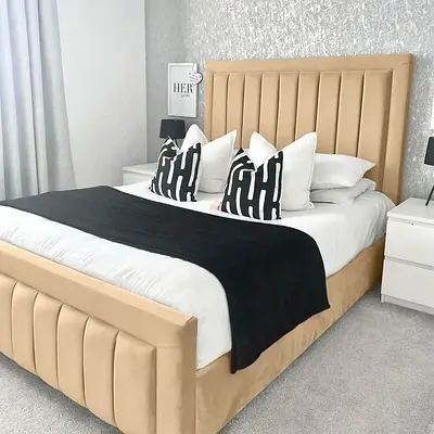 New Beige Upholstered King Bed with Padded Headboard and Footboard