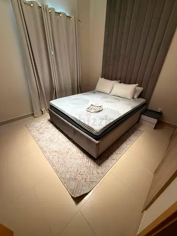 Used Double Bed with Headboard, Mattress and Nightstand - Grey Set 160x200cm