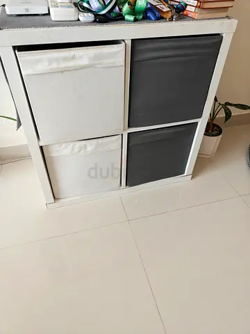Small white IKEA 4-cube storage unit with fabric drawers (white gray)