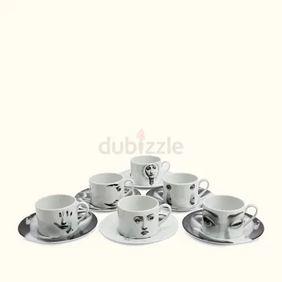 Fornasetti Tema e Variazioni Set of 6 Porcelain Tea Cups  Saucers