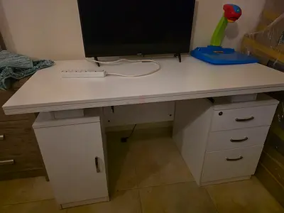 White office desk with drawers and cabinet - good condition including free sitting chair