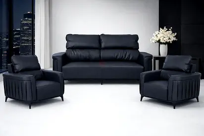 Modern Black Leather Sofa Set (3+1+1) with Wooden Legs – Luxury Sofa Set for Office  Living Room