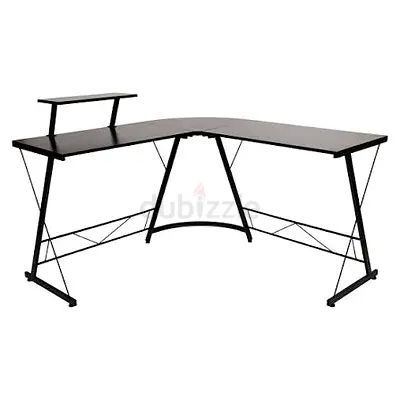 L-shaped Corner Computer Desk with Raised Monitor Shelf - Black