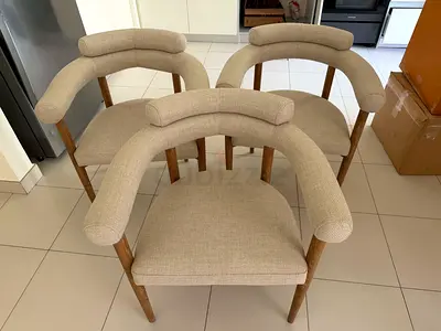 Set of 3 Beige Upholstered Dining Chairs with Wooden Frame