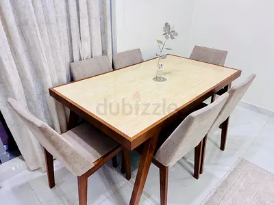 6-Seater Wooden Dining Table with Upholstered Chairs - Light Marble Top 95*165