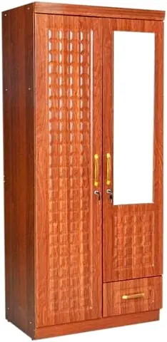 Wooden 2-Door Wardrobe with Mirror and Drawer