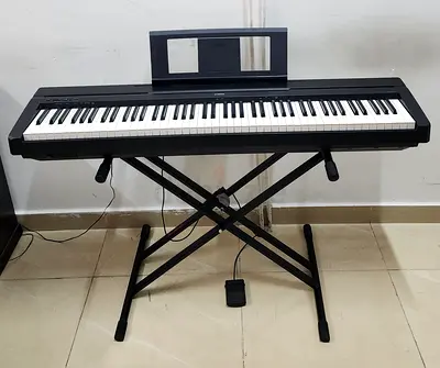 The Yamaha P-45B (Black) is a compact, 88-key entry-level digital piano. It features weighted Graded