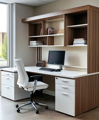 Modern Wooden Office Desk with Overhead Shelves and Drawers
