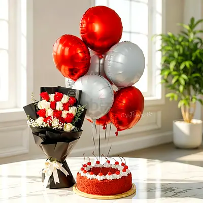 Red Celebration Set: Bouquet, Balloons  Cake (New)