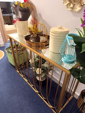 Gold Metal Console Table with Curved Slatted Base - Decorative Display